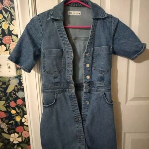 Zara Denim Short-Sleeve Button Mini Dress - Medium Blue